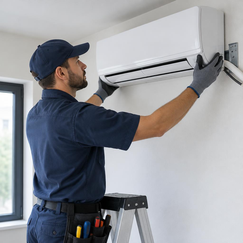Imagem ilustrativa de técnico instalando ar condicionado